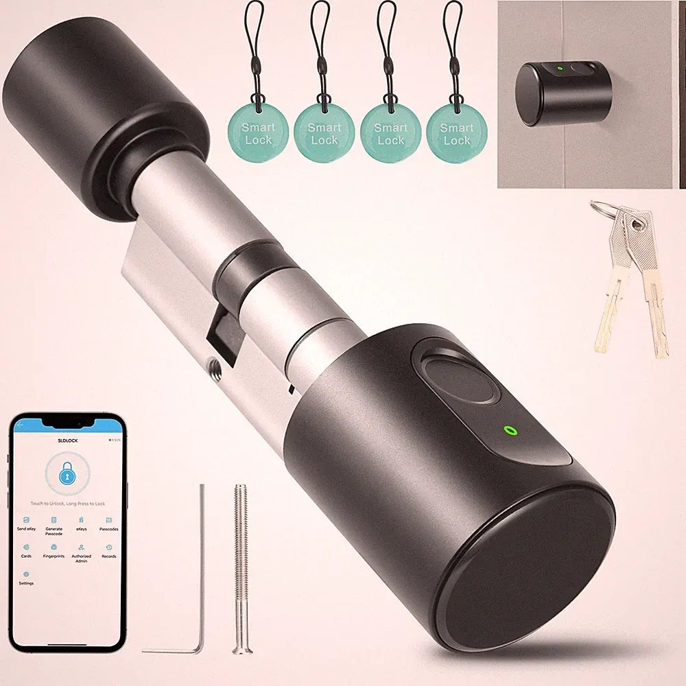 4in1 Smart Türschloss Fingerabdruck Tür Schließzylinder 4 Karten APP für 60‑80mm