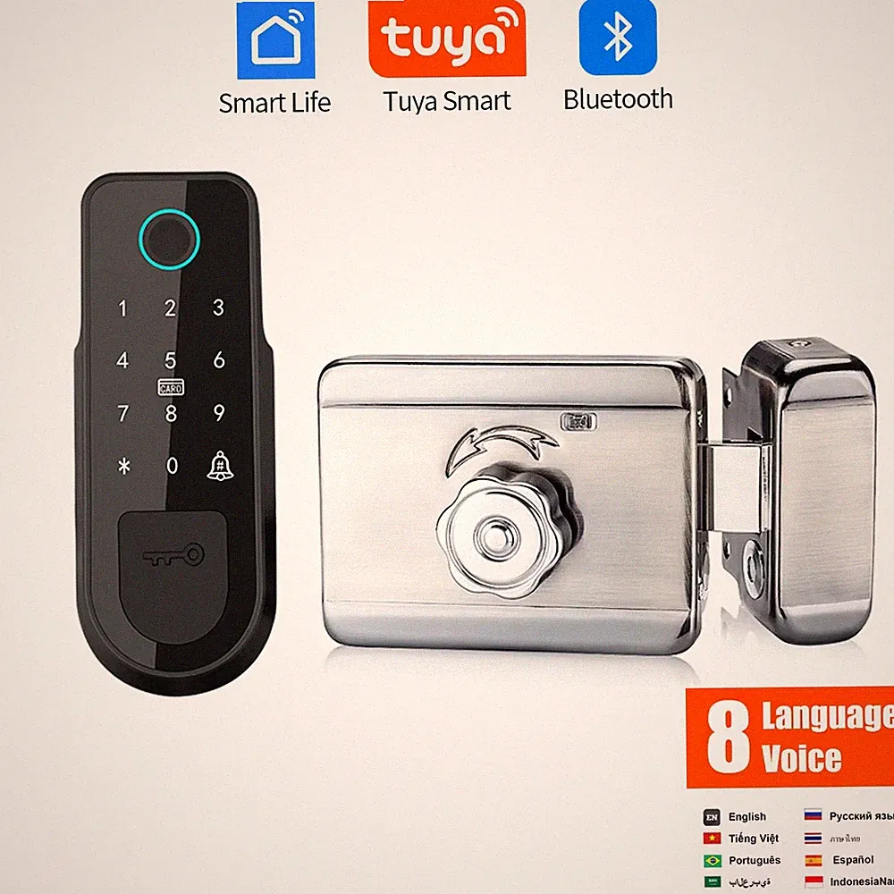 Bluetooth Tuya App Fingerprint Smart Door Lock Gate Password RFID Card Rim Bolt