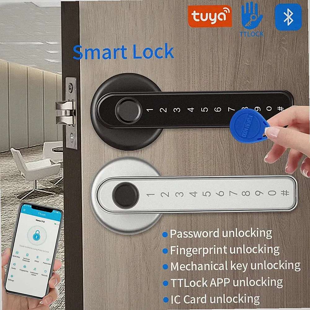Smart Door Lock Handle With Fingerprint Key card Digital Door Lock Keypad Key En