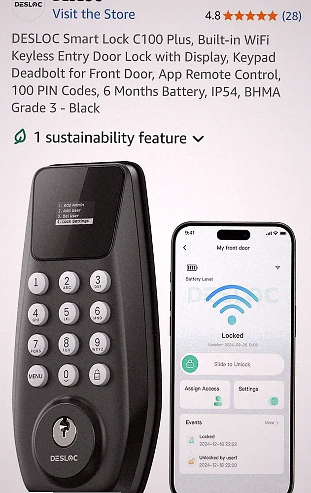 Smart Lock with WiFi Keyless Entry Door Lock, Keypad Deadbolt for Front Door