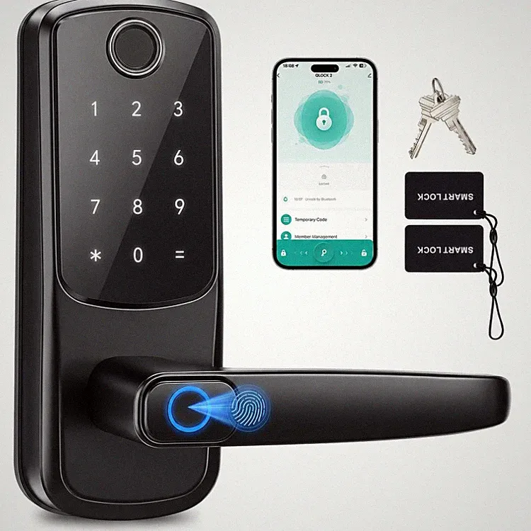 Smart Türschloss mit Fingerabdruck 5-in-1, App-Steuerung, USB-Notstrom, Schwarz
