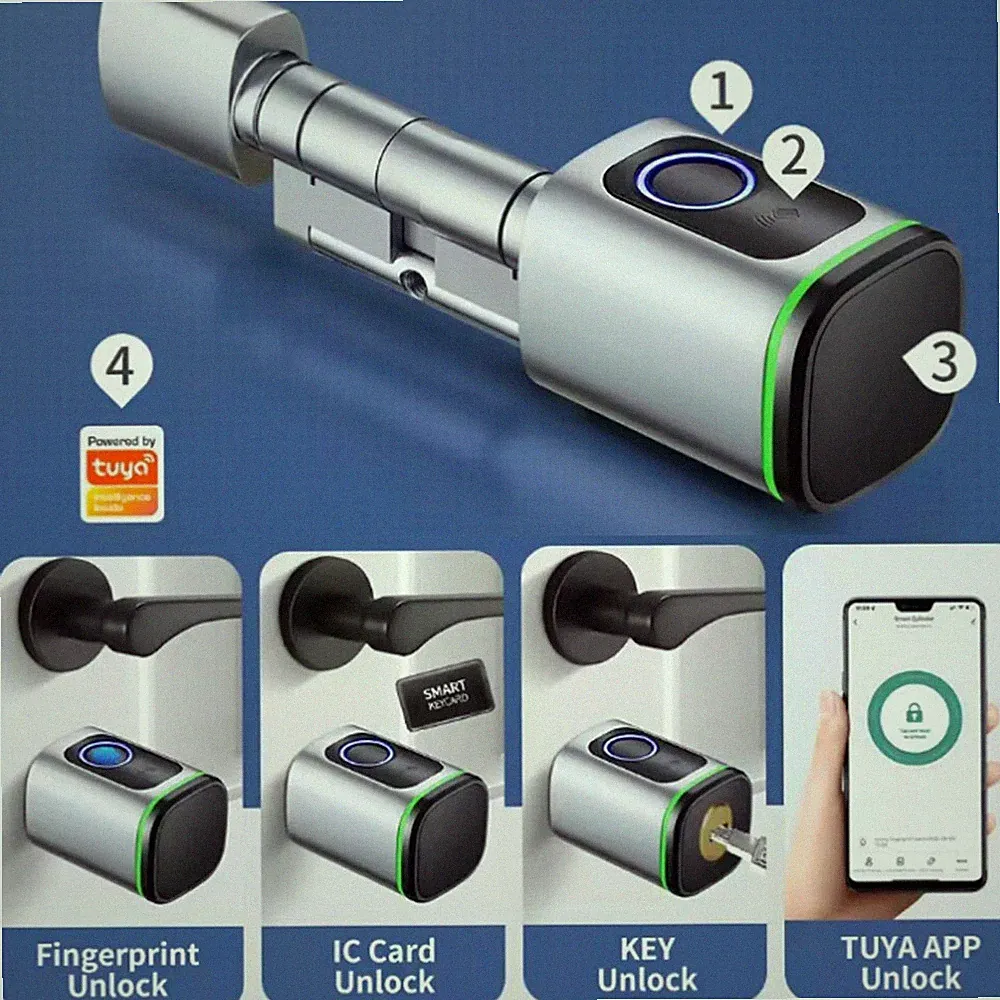TUYA ELEKTRONISCHES TÜRSCHLOSS SCHLIESSZYLINDER MIT FINGERABDRUCK 60-120MM NEU~